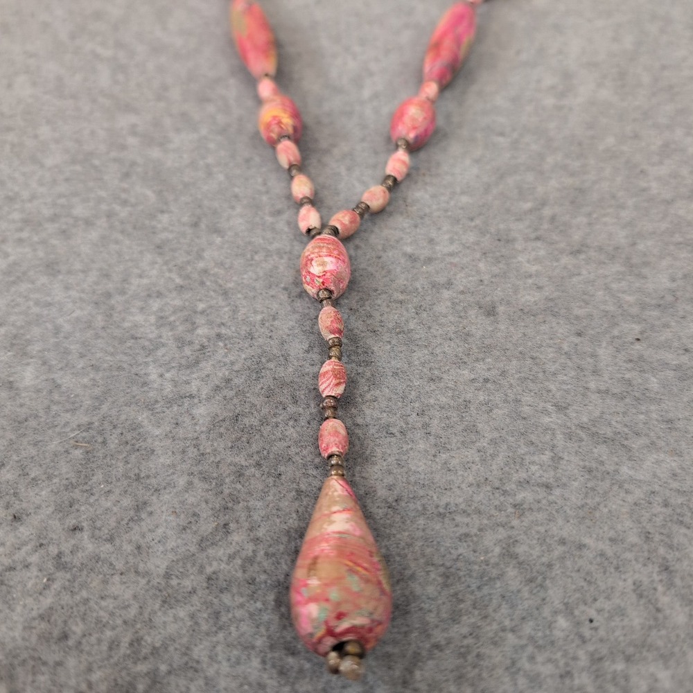 Handmade Beaded Necklace Pink Marbled Drop Pendant Y Necklace - Picture 1 of 6